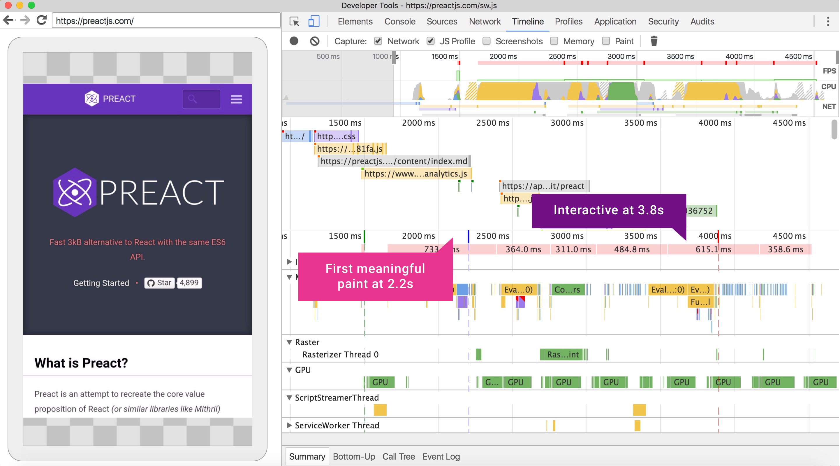 A DevTools Timeline trace of the preactjs.com site on a Nexus 5X